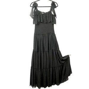 Lulus Tiered Ruffle Maxi Dress Women M Black Smocked Bow Event Party Goth Witchy